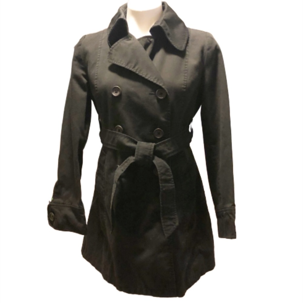 Merona black double breasted trench coat, S